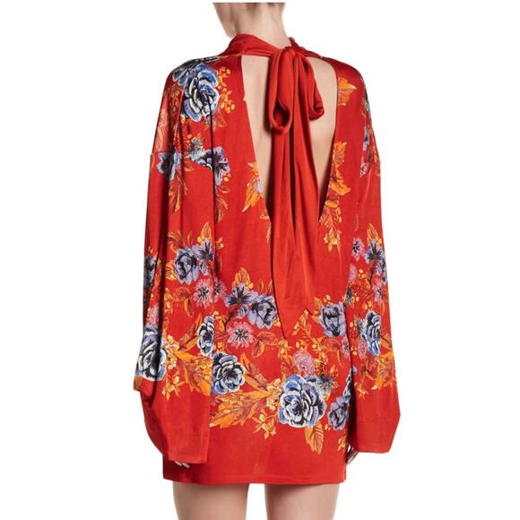 New Free People 2 AM Mini Dress Mock Neck  $168 SMALL Red  Floral Open-Back - Picture 2 of 5